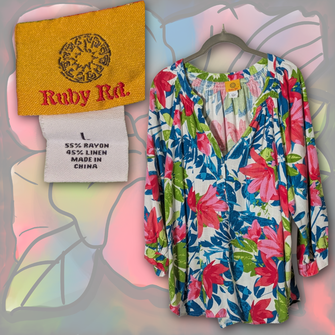 Ruby Rd. Size L Luxurious Rayon/Linen Floral Blouse | Blue/Pink/Green/White