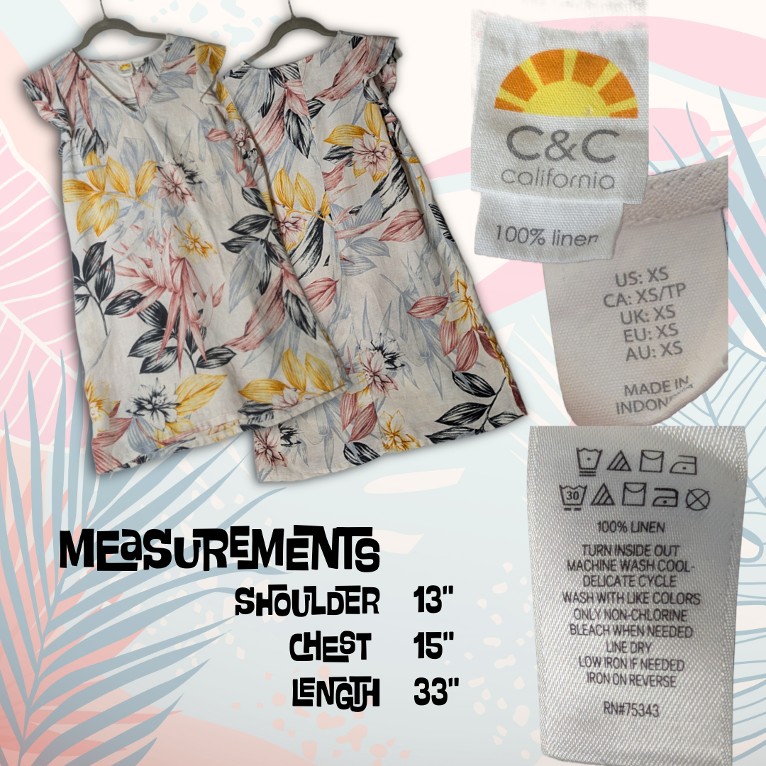 C&C California size XS 100% linen tropical pattern sundress, yellow/black/pink