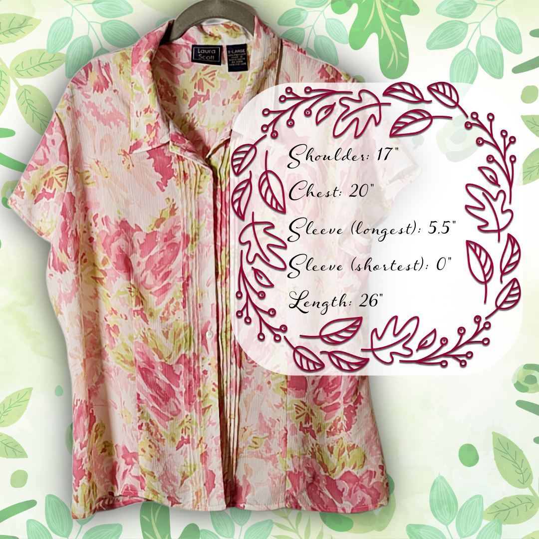 Laura Scott XL Floral Button-Down Shirt Pleated Short Sleeve Blouse Pink/Green