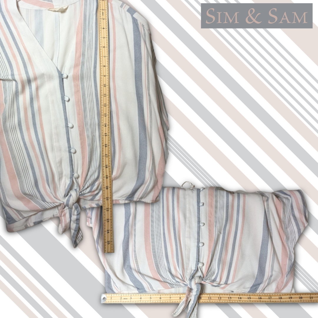 Sim & Sam Size L Striped Rayon Tie Front Button Down Dolman Sleeve V-Neck Blouse