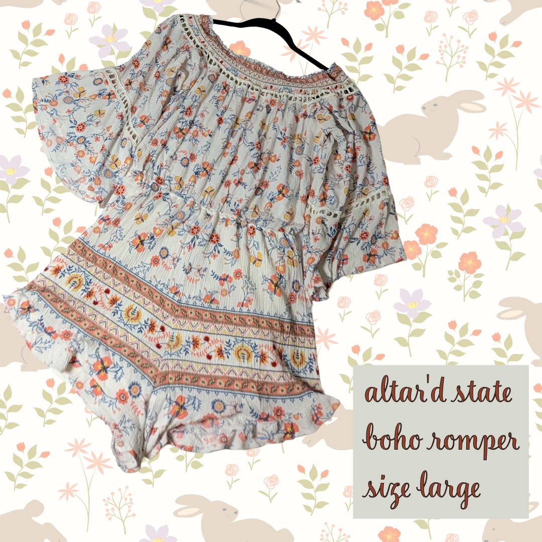 Altar'd State Boho Romper, Floral Print, On or Off Shoulder, Size Large