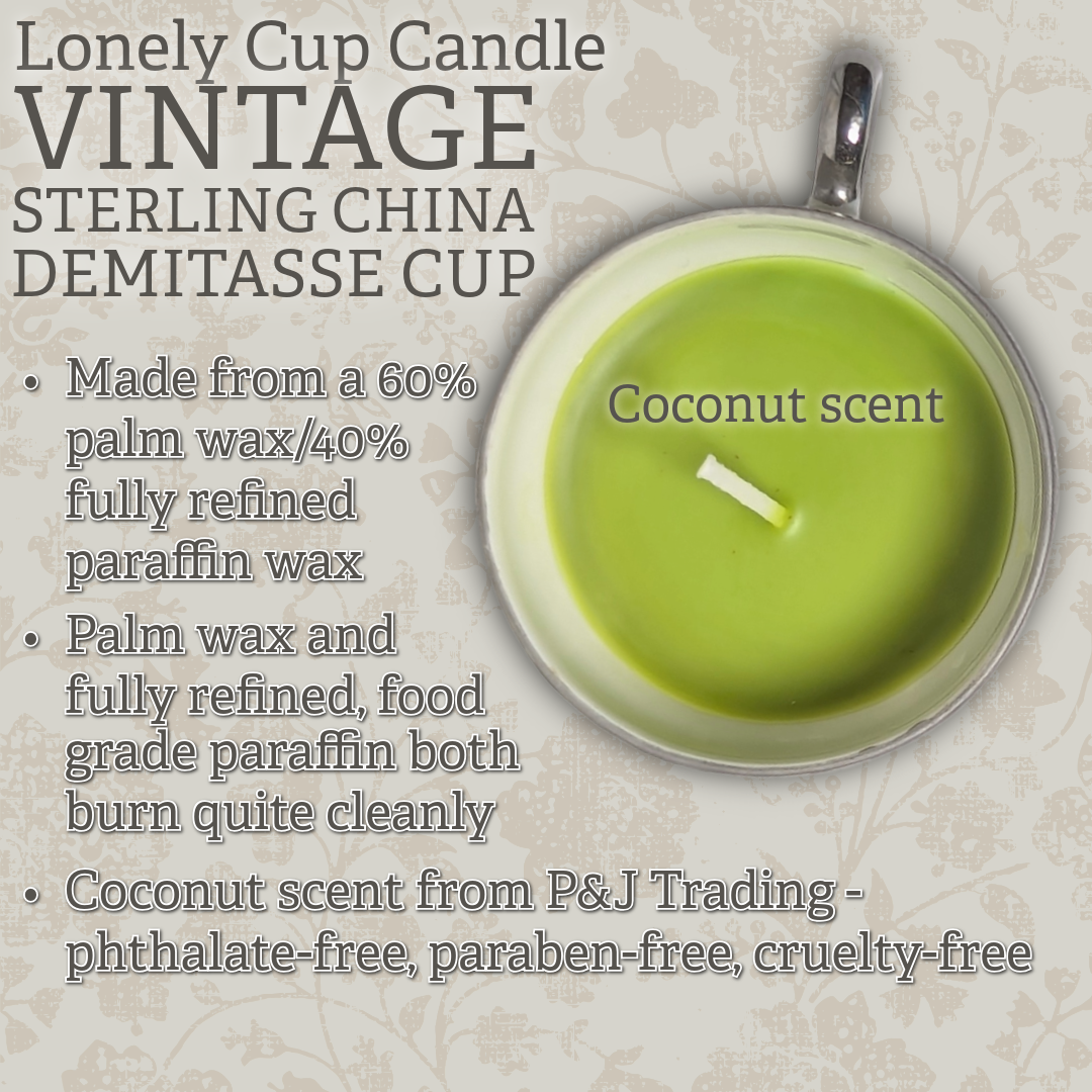 Coconut Lonely Cup Candle: Vintage Sterling China Porcelain Demitasse Cup with Hand-Poured Candle