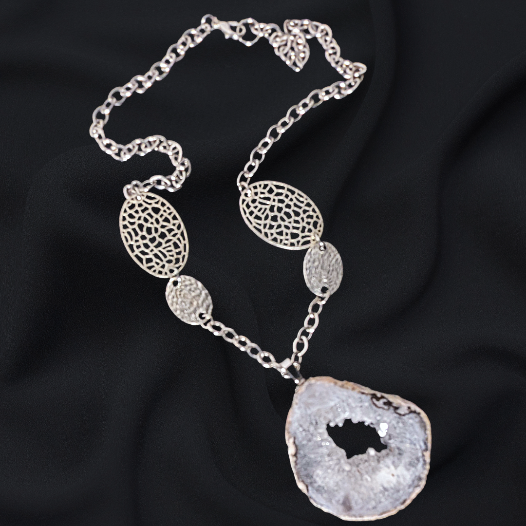 Upcycled Geode Slice Statement Necklace - Vintage Silver-Tone Chain & Filigree Accents