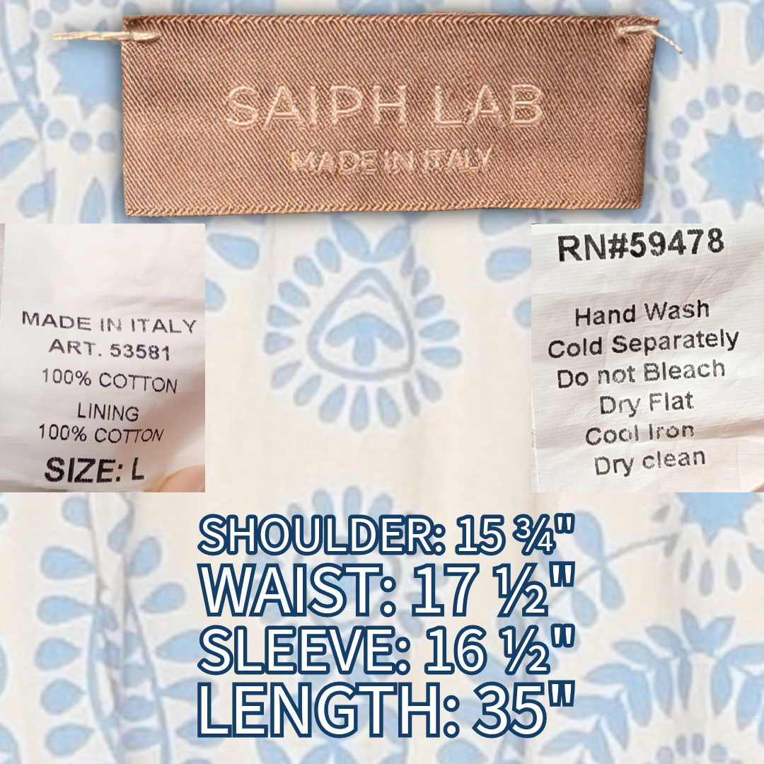 Saiph Lab sz L white dress w/blue lagenlook styling, feat. cotton skirt lining