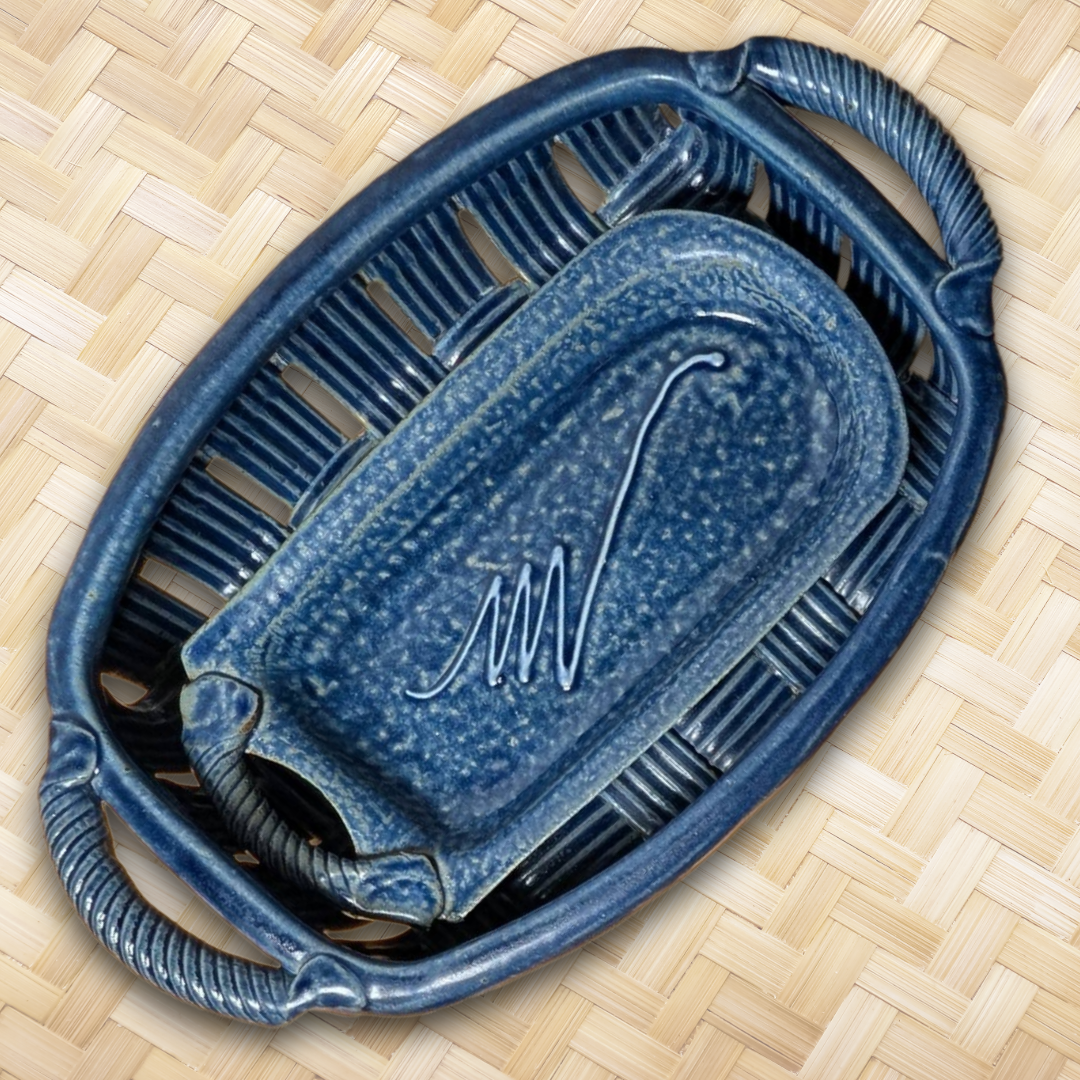 Jim & Shirl Parmentier Pottery Set of 2 Woven Basket & Tray Blue Stoneware NC
