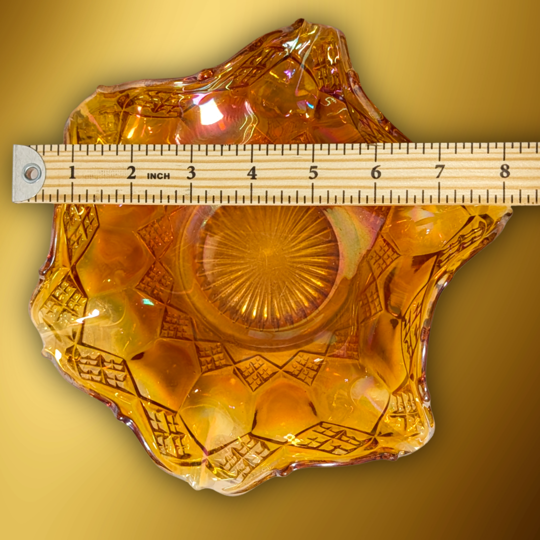 Vintage Fenton Marigold Carnival Glass Ruffled Bowl Diamond Quilt Pattern 8"