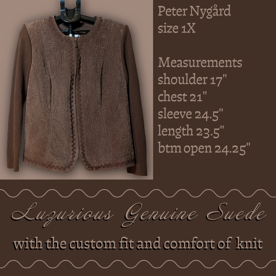 Peter Nygard 1X Brown Suede/Knit Mixed Texture Front Zip Jacket