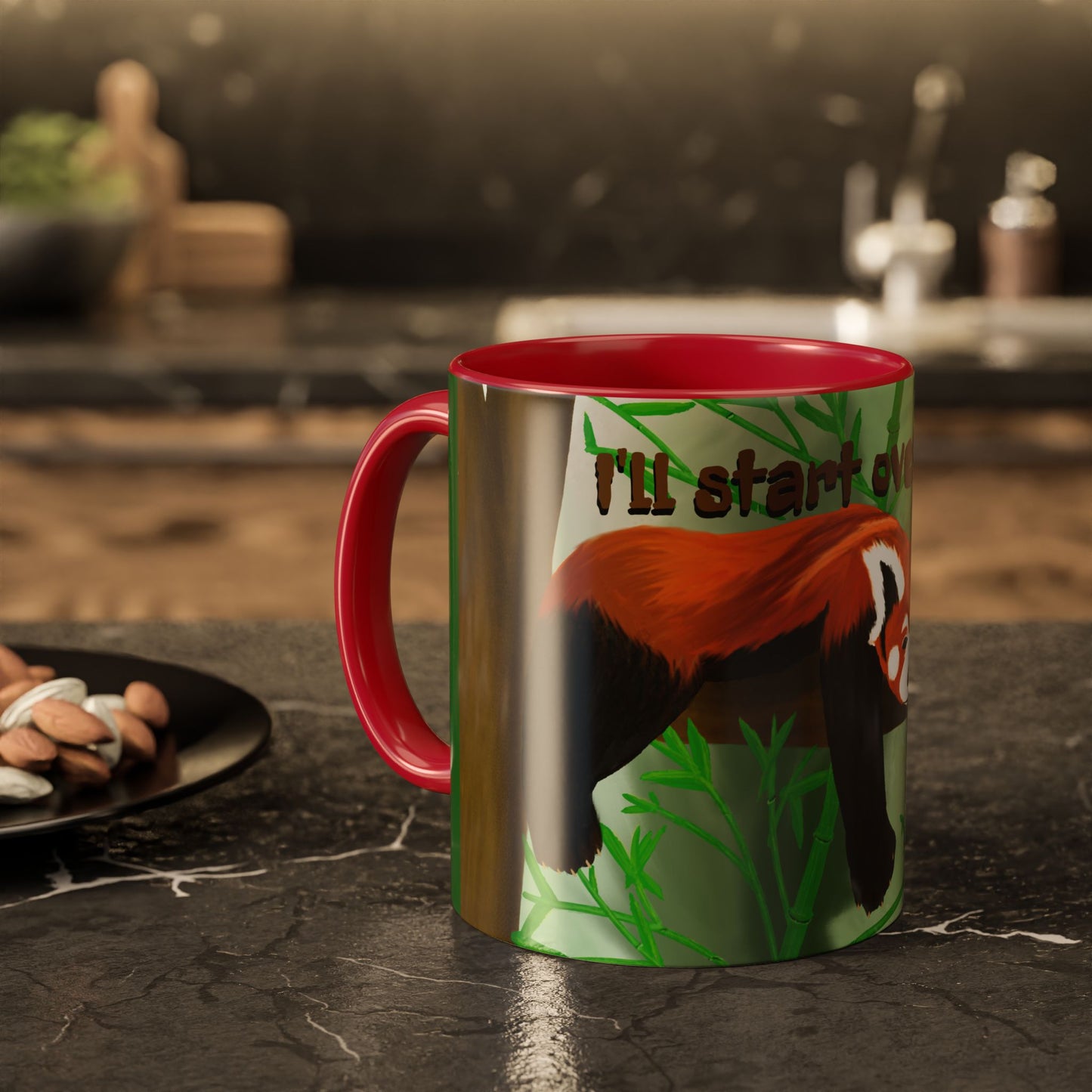 "I'll start over tomorrow" mug with cartoon red panda