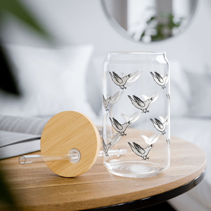 White Crow Yelling Graphic on Can-shaped 16oz Glass, with or without lid & straw