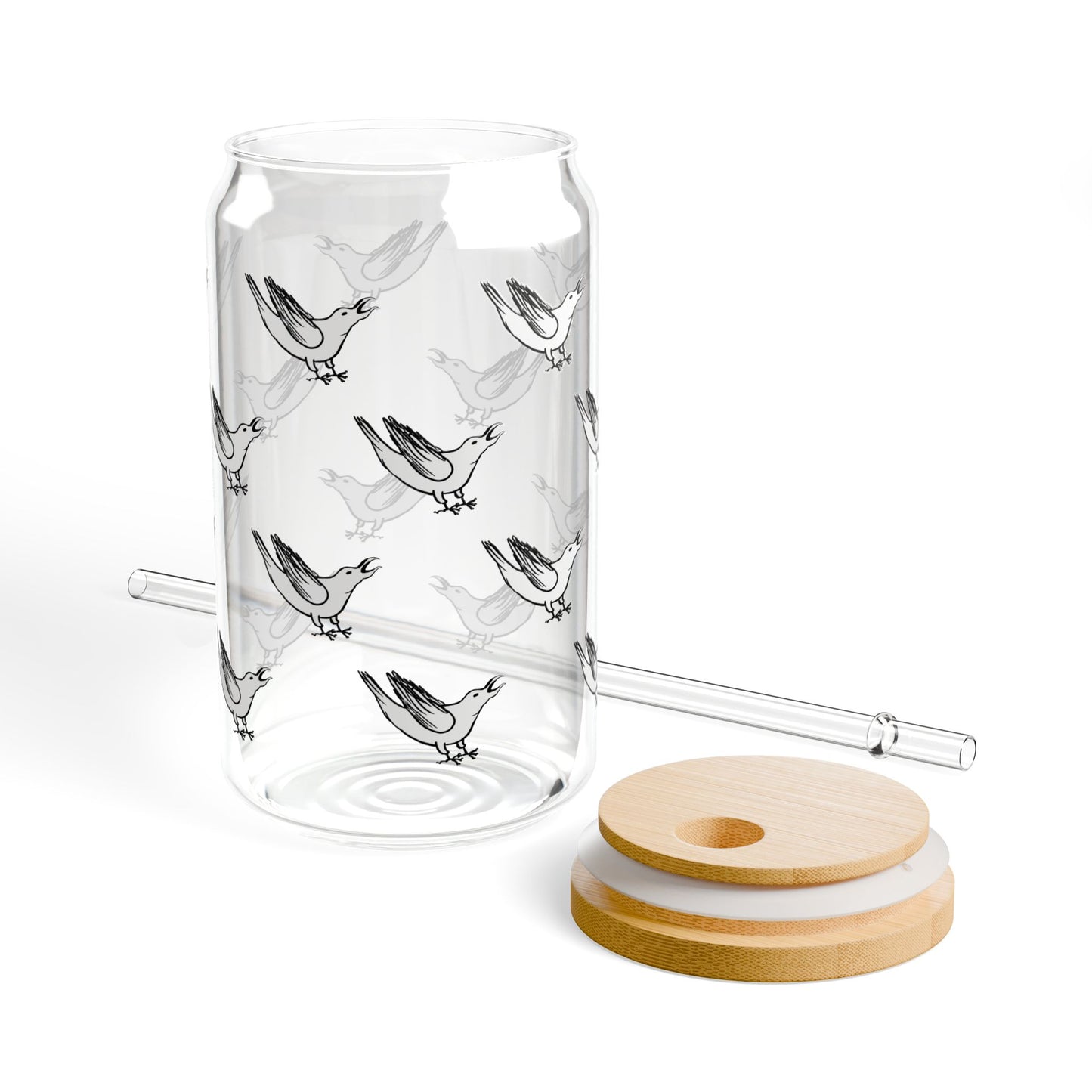 White Crow Yelling Graphic on Can-shaped 16oz Glass, with or without lid & straw