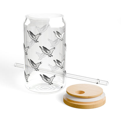 White Crow Yelling Graphic on Can-shaped 16oz Glass, with or without lid & straw