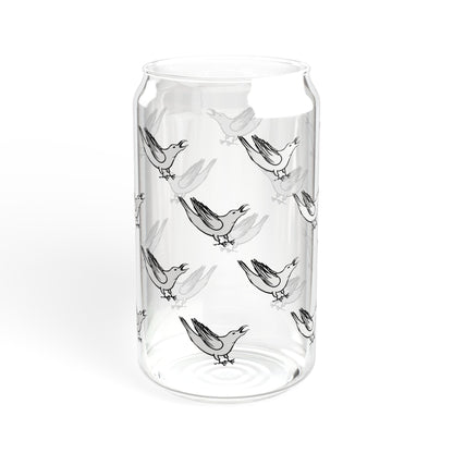 White Crow Yelling Graphic on Can-shaped 16oz Glass, with or without lid & straw