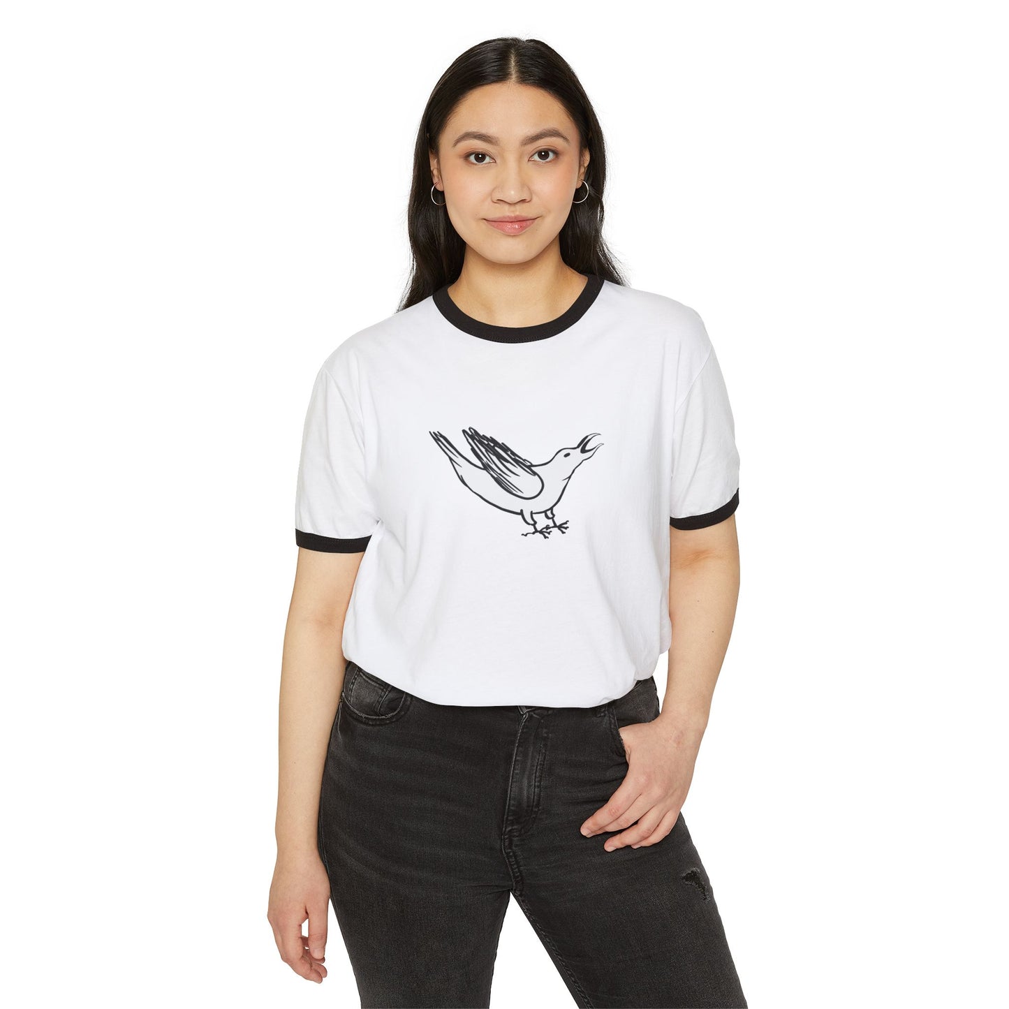 White Crow Yelling on Unisex Ringer Tee