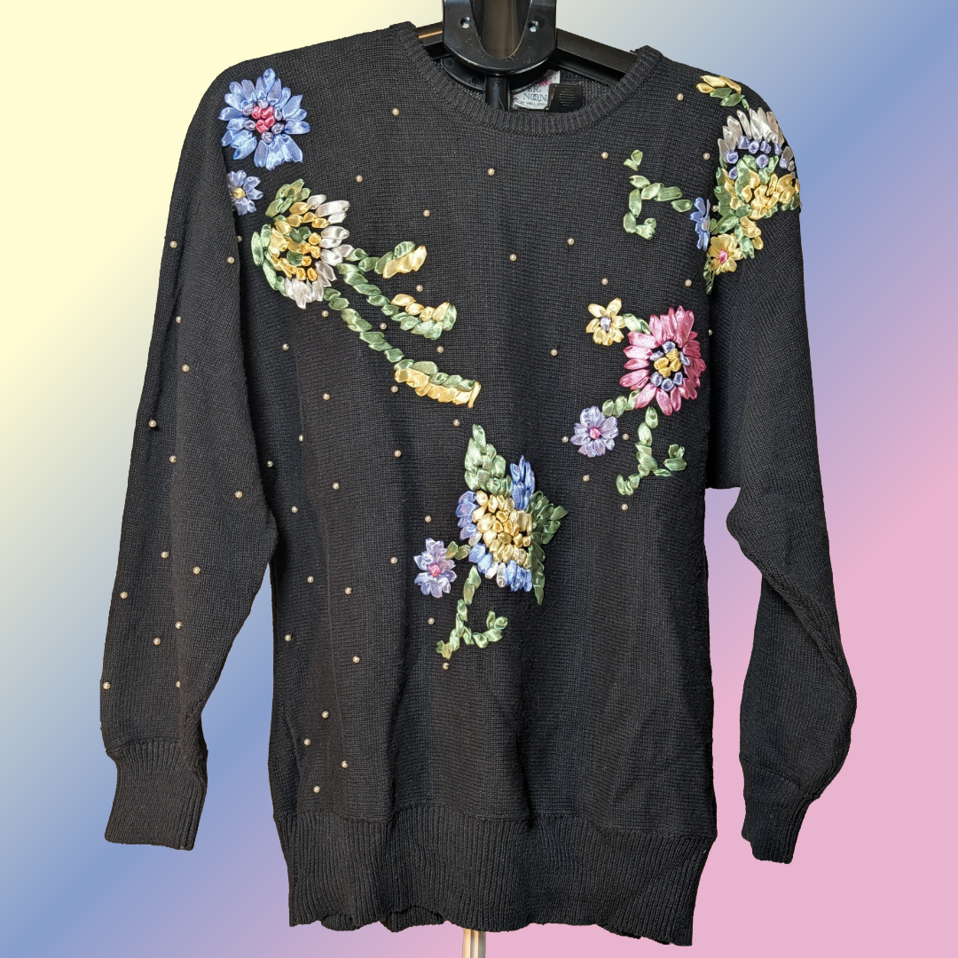 Vintage 90s Lacy After Noon Shell Kepler sz M Black Sweater Ribbon Floral Knit