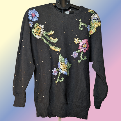 Vintage 90s Lacy After Noon Shell Kepler sz M Black Sweater Ribbon Floral Knit