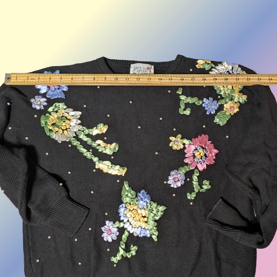Vintage 90s Lacy After Noon Shell Kepler sz M Black Sweater Ribbon Floral Knit