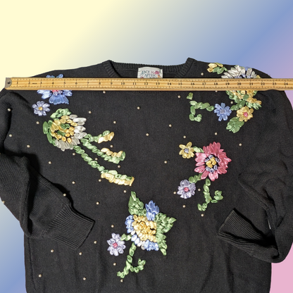 Vintage 90s Lacy After Noon Shell Kepler sz M Black Sweater Ribbon Floral Knit