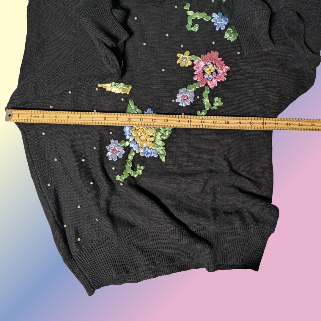Vintage 90s Lacy After Noon Shell Kepler sz M Black Sweater Ribbon Floral Knit