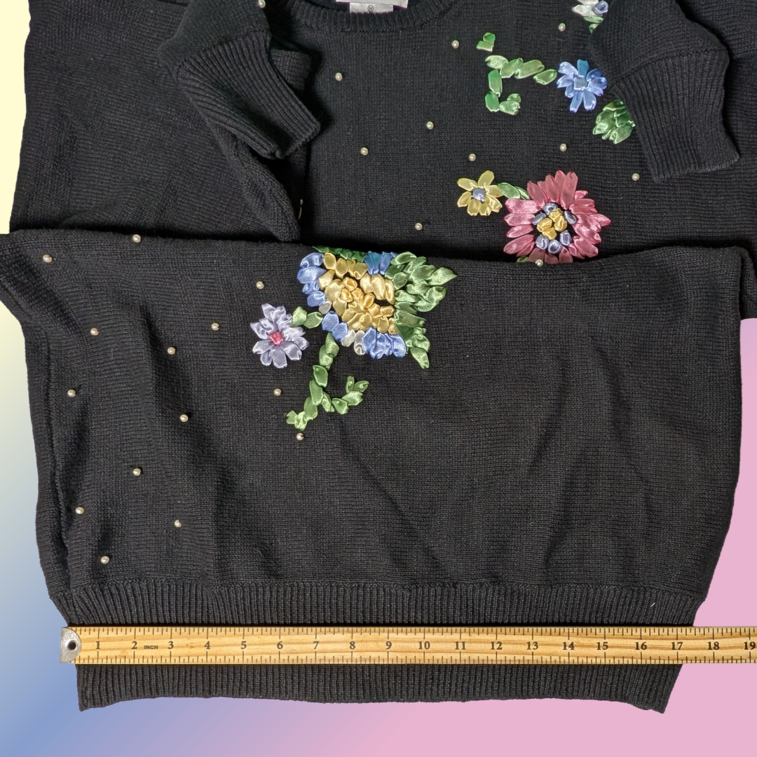 Vintage 90s Lacy After Noon Shell Kepler sz M Black Sweater Ribbon Floral Knit