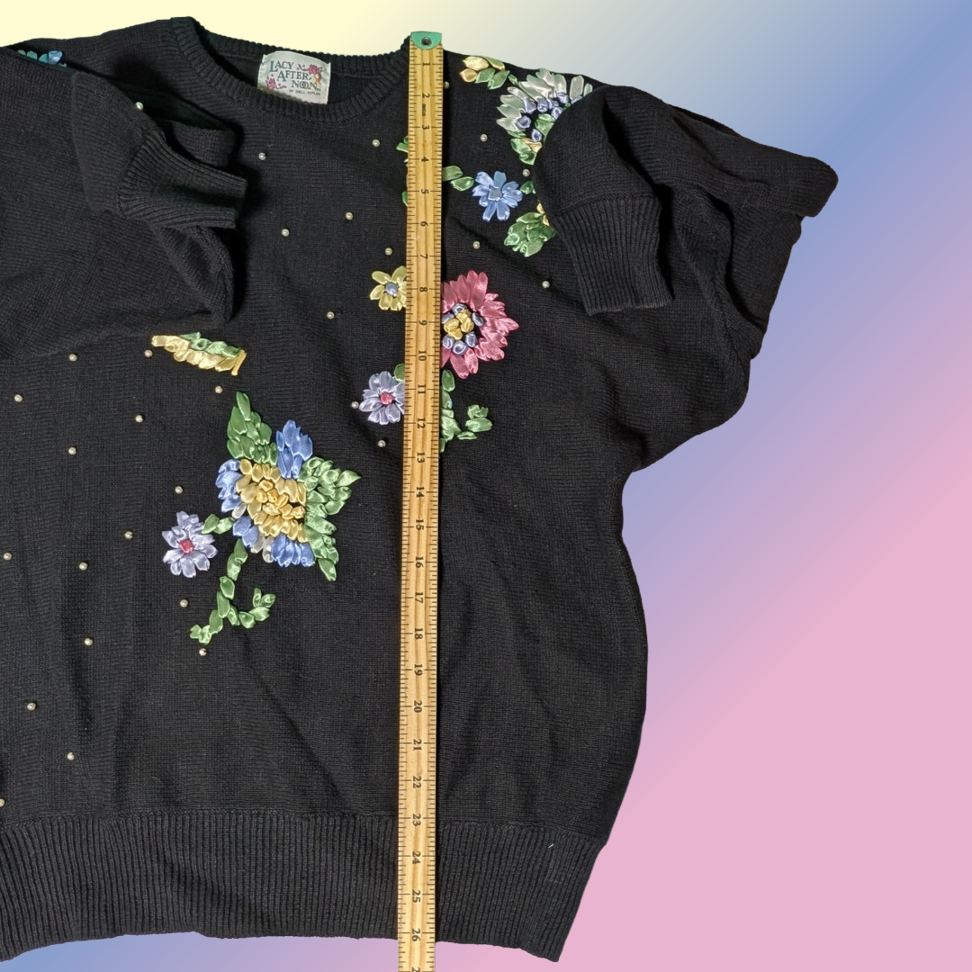 Vintage 90s Lacy After Noon Shell Kepler sz M Black Sweater Ribbon Floral Knit