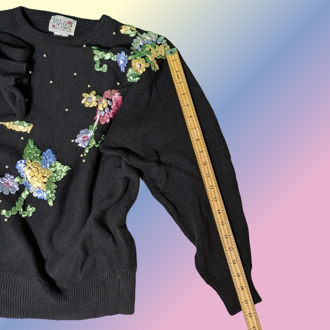 Vintage 90s Lacy After Noon Shell Kepler sz M Black Sweater Ribbon Floral Knit