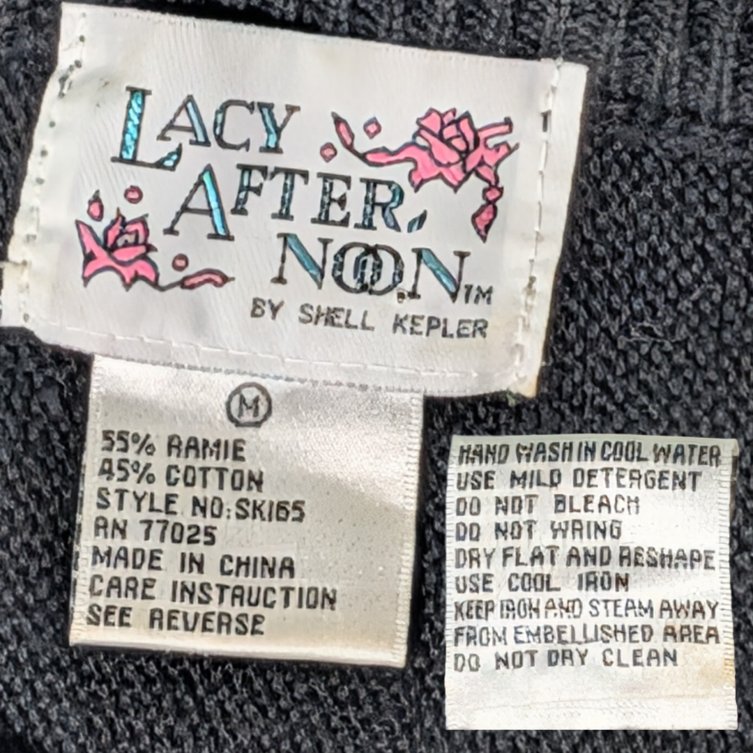Vintage 90s Lacy After Noon Shell Kepler sz M Black Sweater Ribbon Floral Knit