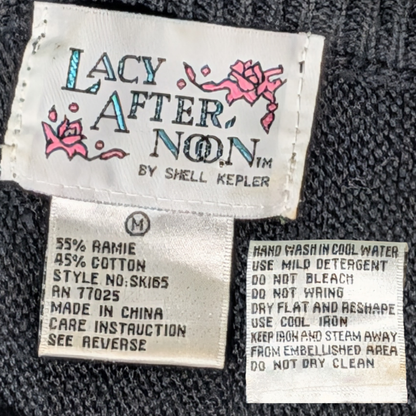 Vintage 90s Lacy After Noon Shell Kepler sz M Black Sweater Ribbon Floral Knit