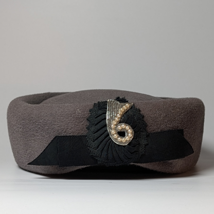 Vintage Arona Original Pillbox Hat - Grey Felt with Embellished Bow