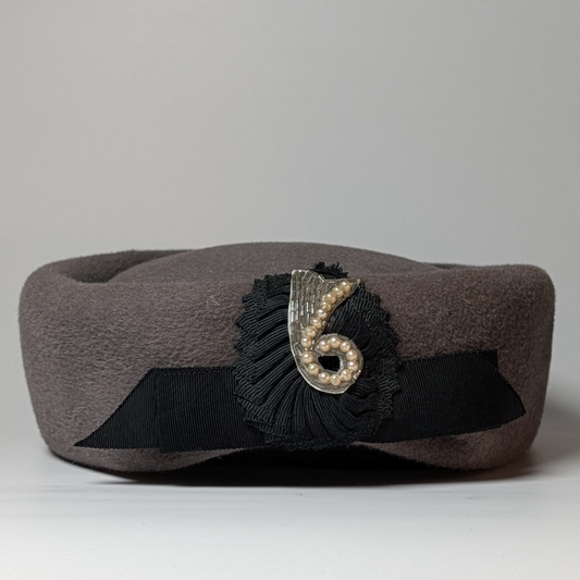 Vintage Arona Original Pillbox Hat - Grey Felt with Embellished Bow