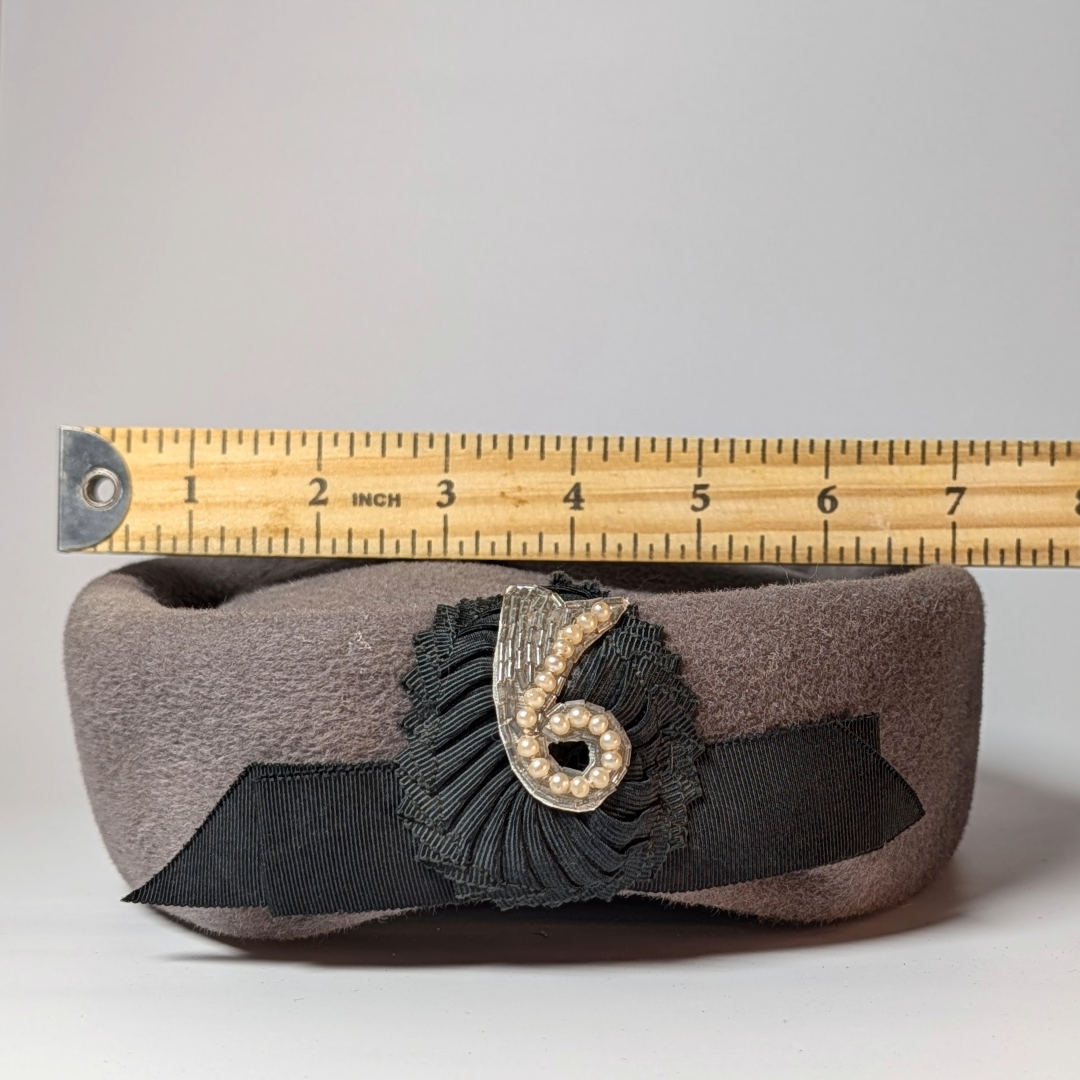Vintage Arona Original Pillbox Hat - Grey Felt with Embellished Bow
