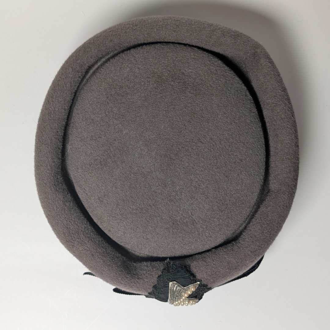 Vintage Arona Original Pillbox Hat - Grey Felt with Embellished Bow