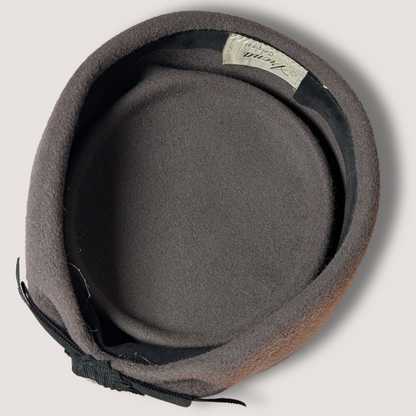 Vintage Arona Original Pillbox Hat - Grey Felt with Embellished Bow