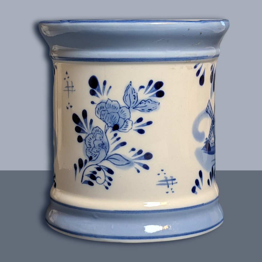Vintage Delft Blue White Windmill Floral Ceramic Canister Jar Made in Holland