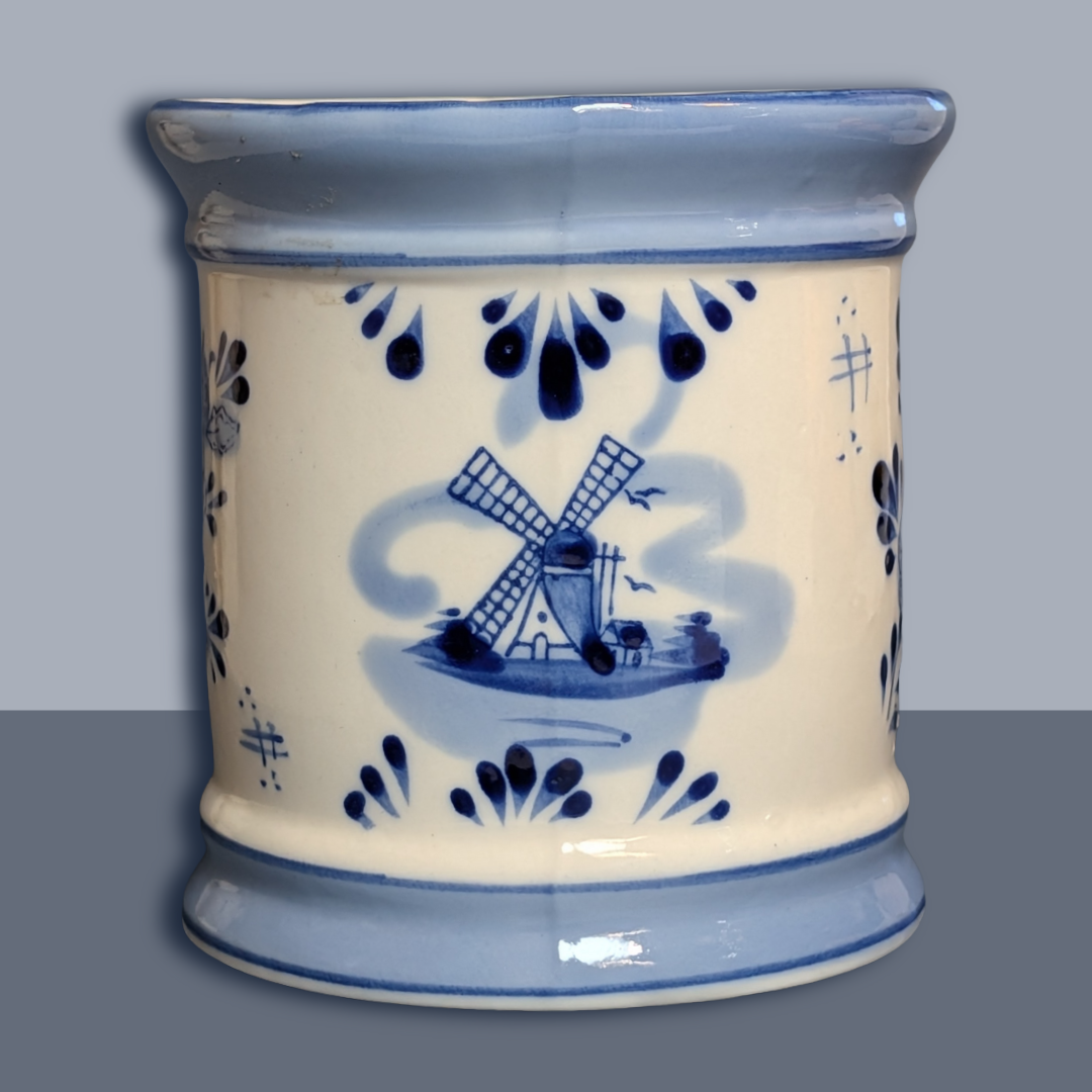 Vintage Delft Blue White Windmill Floral Ceramic Canister Jar Made in Holland