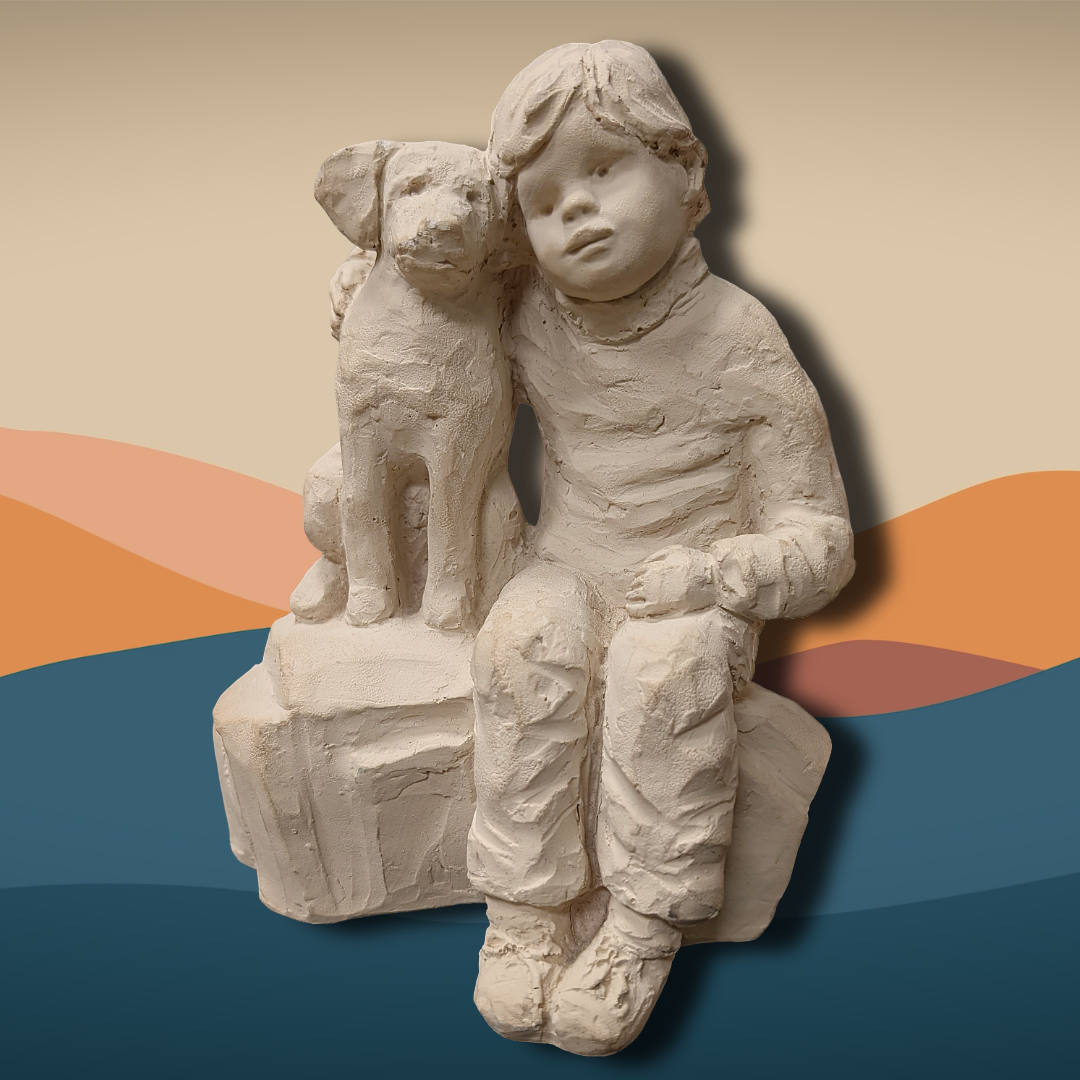 Austin Prod Bright Eyes "Boy with Dog" Figurine, signed and dated 1987