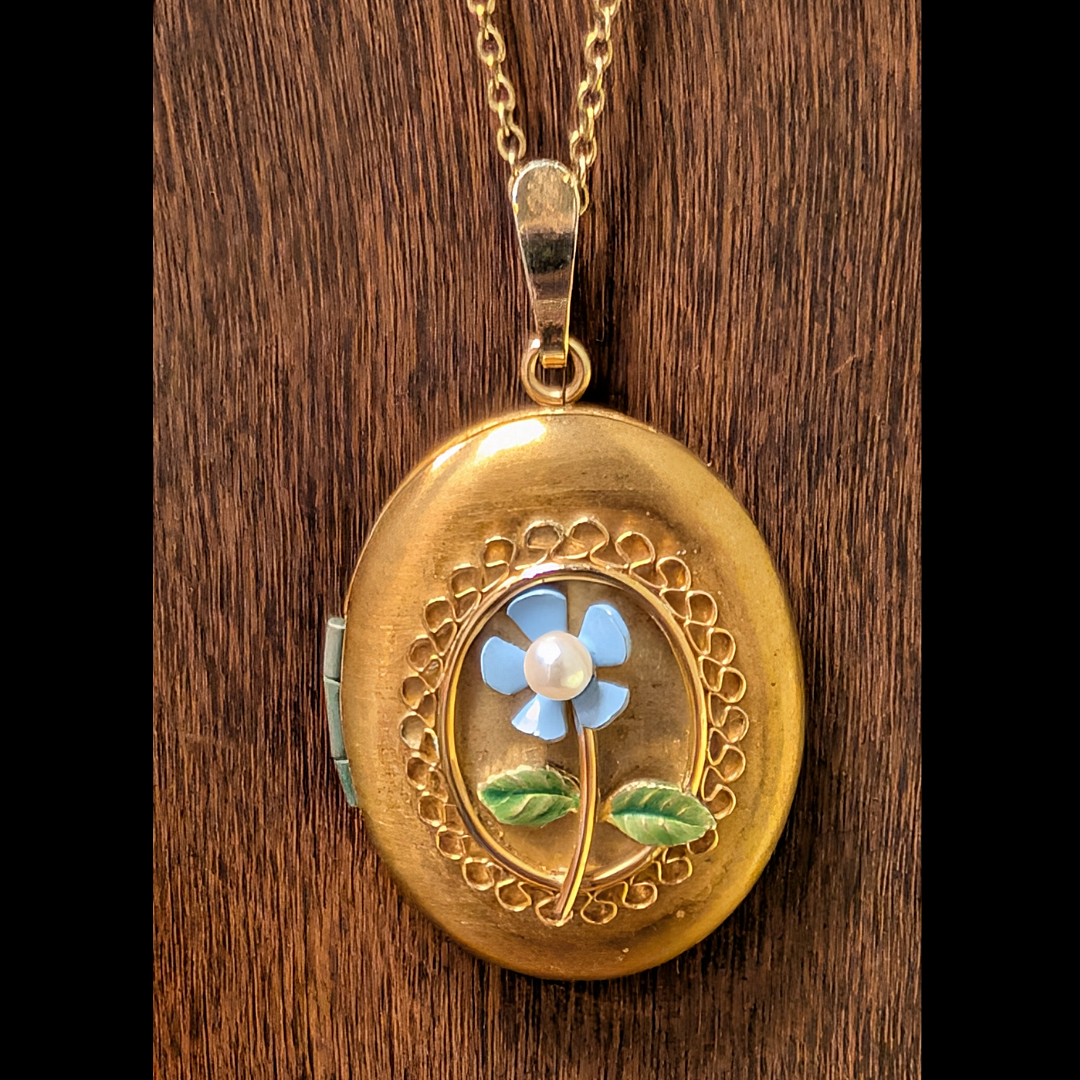 70s Romantic Victorian Revival Remembrance Gold Tone Locket w/Blue Enamel Flower
