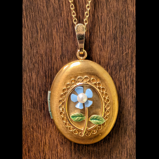 70s Romantic Victorian Revival Remembrance Gold Tone Locket w/Blue Enamel Flower