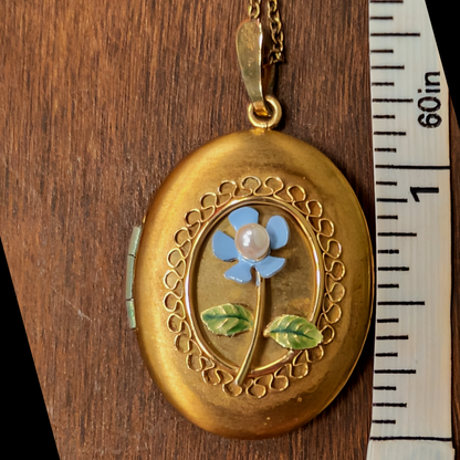 70s Romantic Victorian Revival Remembrance Gold Tone Locket w/Blue Enamel Flower