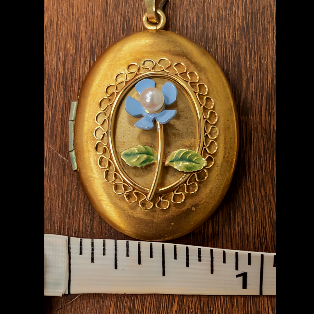 70s Romantic Victorian Revival Remembrance Gold Tone Locket w/Blue Enamel Flower