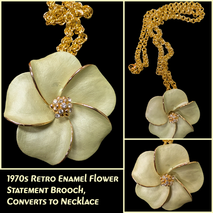 70s Enamel Cream Flower Statement Brooch/Necklace Convertible, includes chain