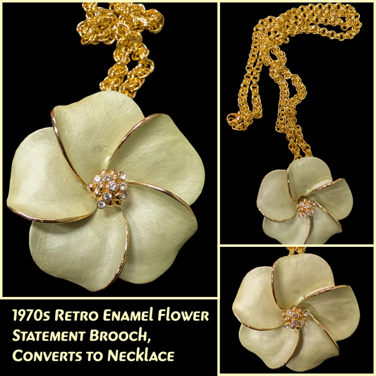 70s Enamel Cream Flower Statement Brooch/Necklace Convertible, includes chain
