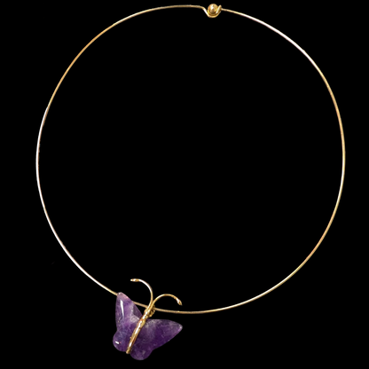 Late 1990s/Y2K Minimalist Wire Choker with hand-carved amethyst butterfly