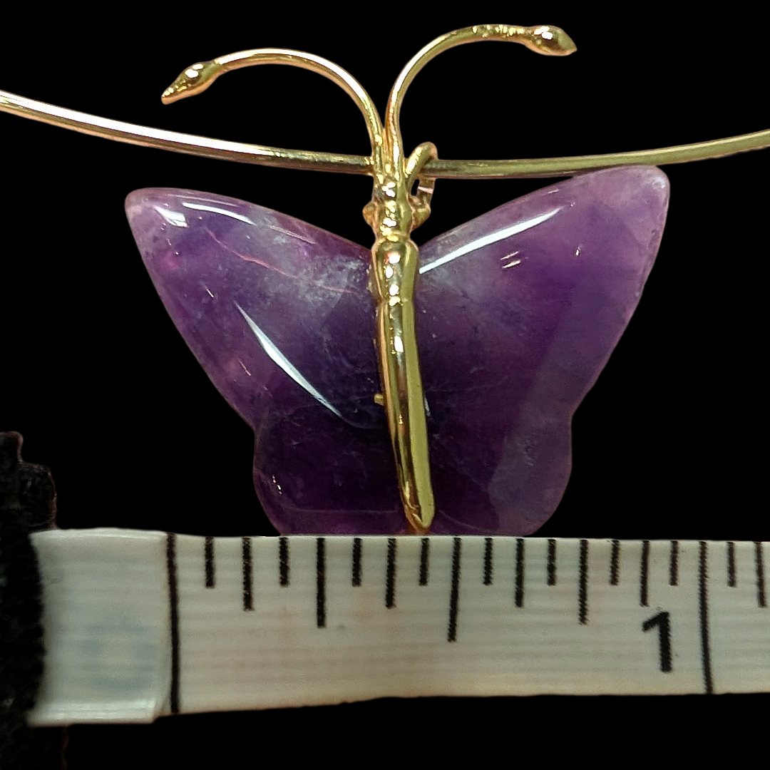 Late 1990s/Y2K Minimalist Wire Choker with hand-carved amethyst butterfly