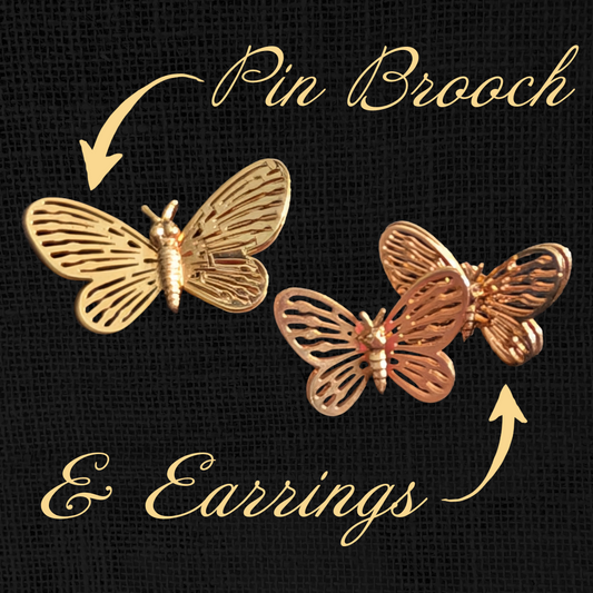 Gold Tone Vintage Filigree Butterfly Brooch & Pierced Earrings Set