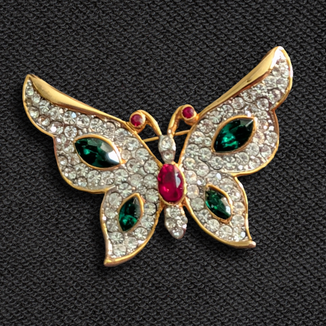 Vintage Enamel Butterfly Brooch Pin – Green, White & Red, Gold-Tone