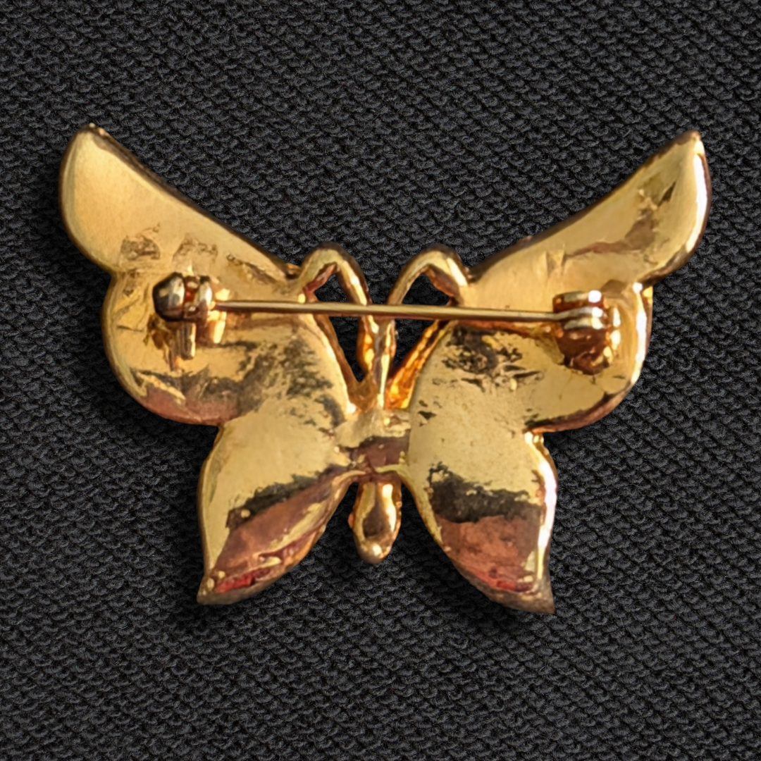 Vintage Enamel Butterfly Brooch Pin – Green, White & Red, Gold-Tone