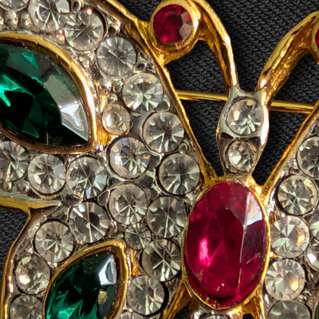 Vintage Enamel Butterfly Brooch Pin – Green, White & Red, Gold-Tone
