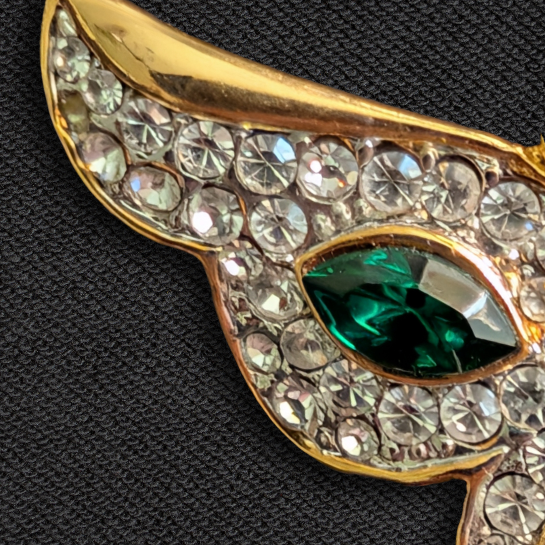 Vintage Enamel Butterfly Brooch Pin – Green, White & Red, Gold-Tone