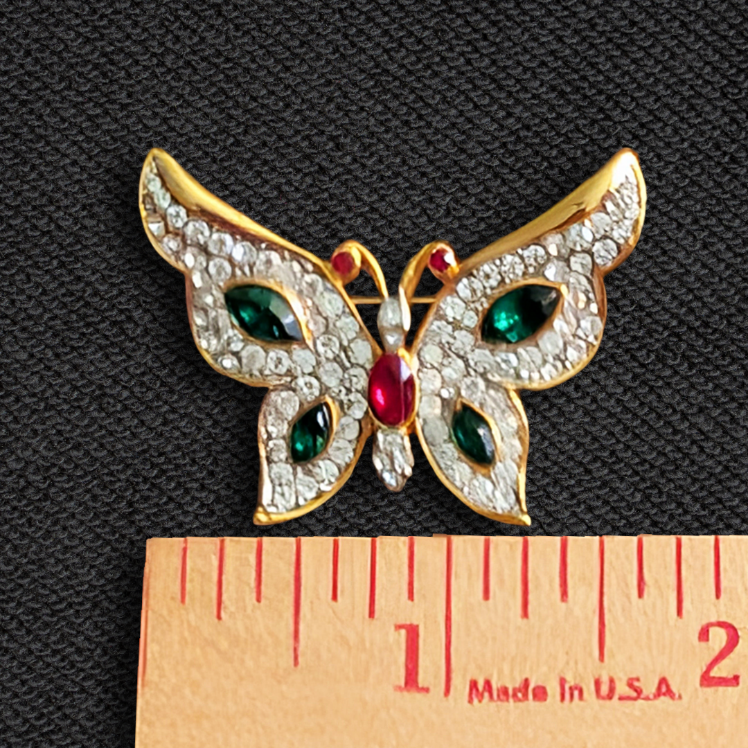 Vintage Enamel Butterfly Brooch Pin – Green, White & Red, Gold-Tone