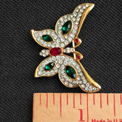Vintage Enamel Butterfly Brooch Pin – Green, White & Red, Gold-Tone